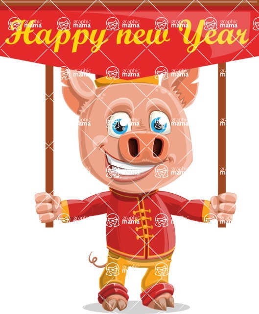Year of the Pig Character - Vector Pig Cartoon - Year of the Pig Vector Character Greeting Happy New Year